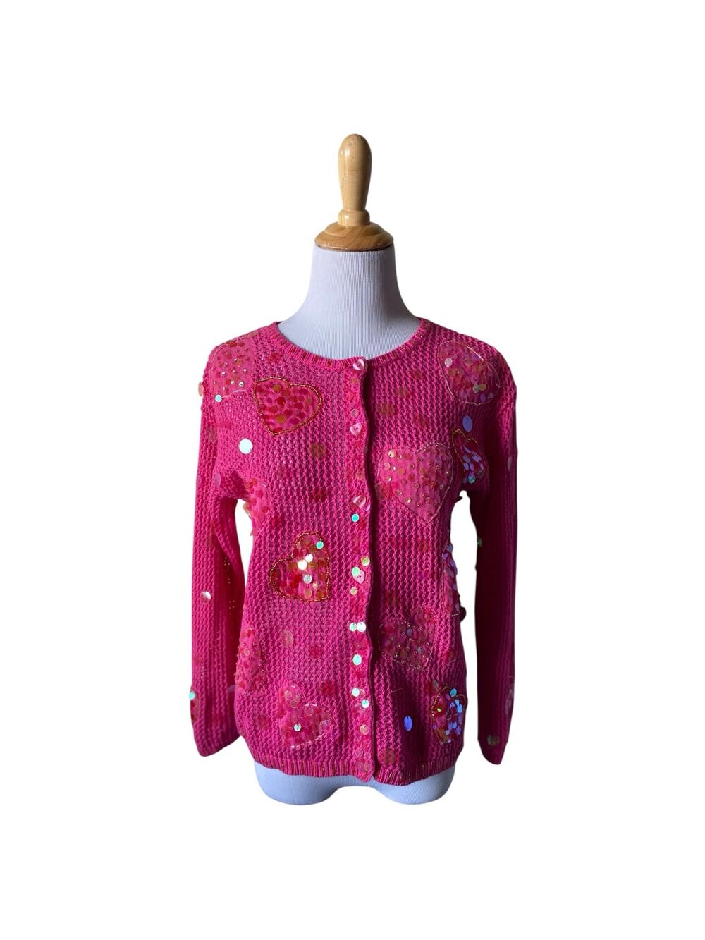 Jack B Quick Hot Pink Crochet Knit Sequin & Bead Valentine's Day Heart Cardigan
